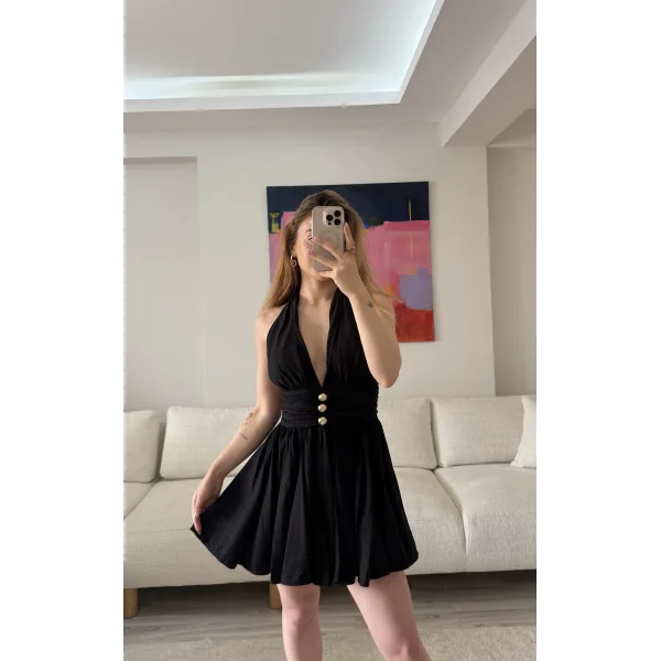 Boyundan Bağlamalı Gold Detaylı Drapeli Mini Elbise- Siyah