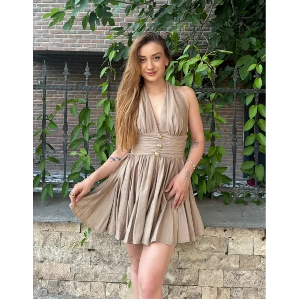 Boyundan Bağlamalı Gold Detaylı Drapeli Mini Elbise- Bej