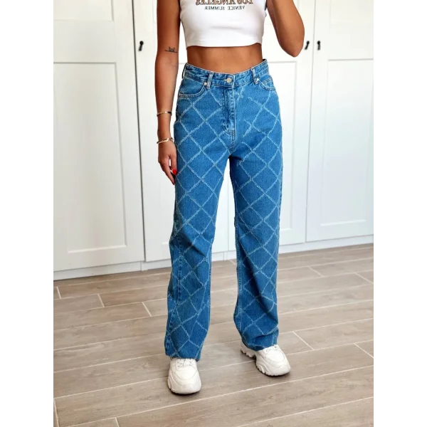 Dikiş Detaylı Yüksel Bel Denim Pantolon Mavi