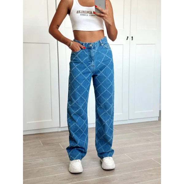 Dikiş Detaylı Yüksel Bel Denim Pantolon Mavi