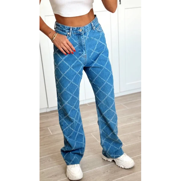 Dikiş Detaylı Yüksel Bel Denim Pantolon Mavi