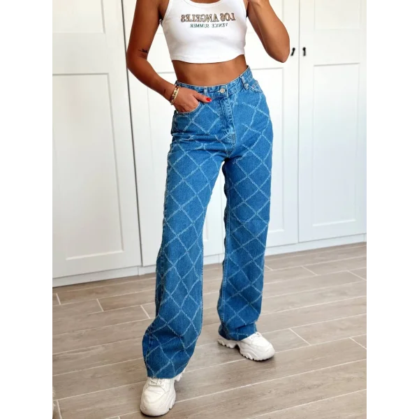 Dikiş Detaylı Yüksel Bel Denim Pantolon Mavi