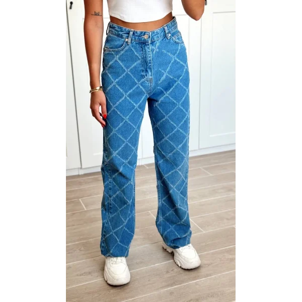 Dikiş Detaylı Yüksel Bel Denim Pantolon Mavi