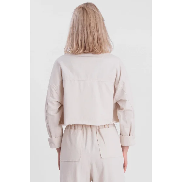 GABARDİN TAŞLI CROP CEKET EKRU