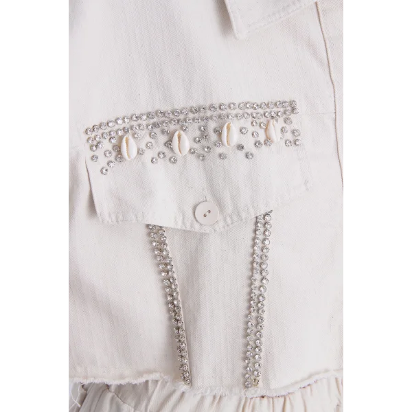 GABARDİN TAŞLI CROP CEKET EKRU