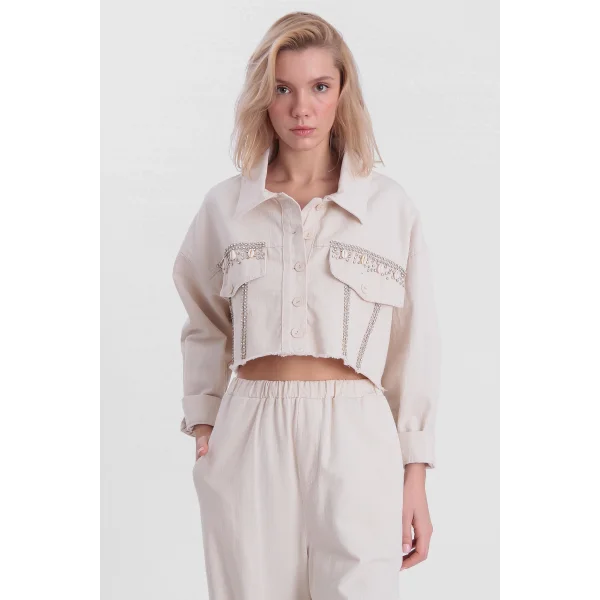 GABARDİN TAŞLI CROP CEKET EKRU