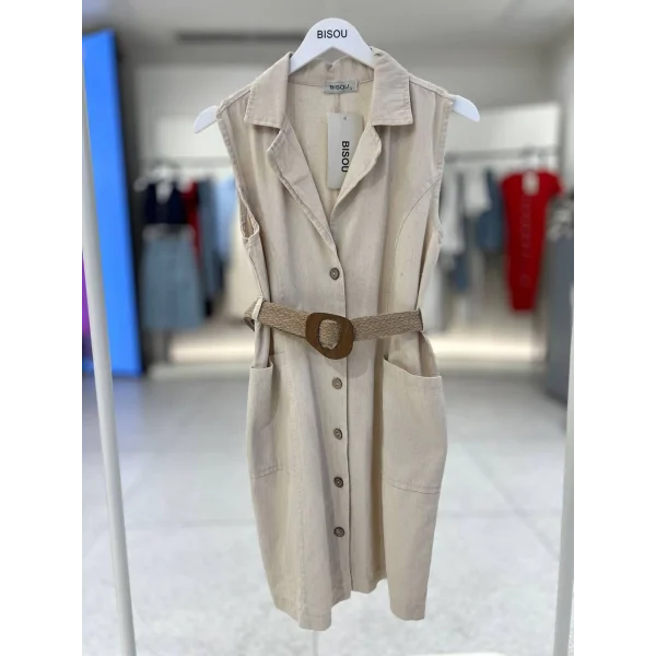 KEMERLİ KOLSUZ KETEN ELBİSE EKRU