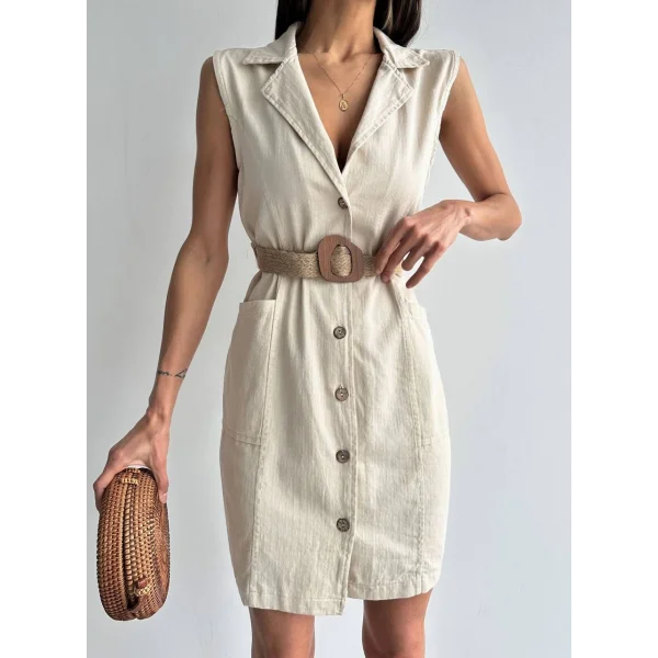 KEMERLİ KOLSUZ KETEN ELBİSE EKRU