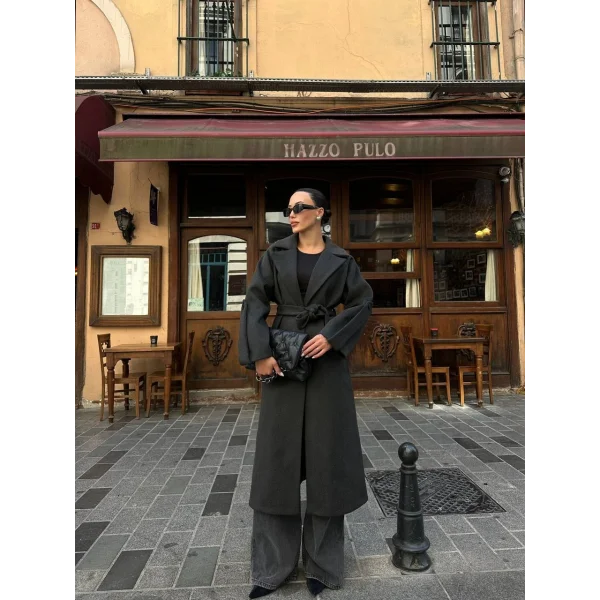 Kol Kemerli Premium Yün Kaban Antrasit