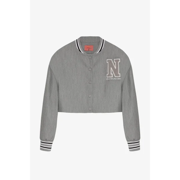 Harf Nakışlı Ribanalı Kısa Bomber Ceket-Gri