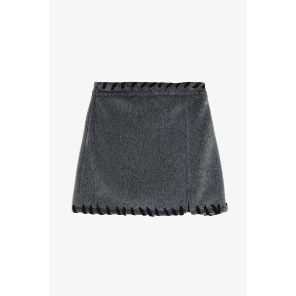 Nakış Detaylı Kürk Ceket Etek Takım-Gri