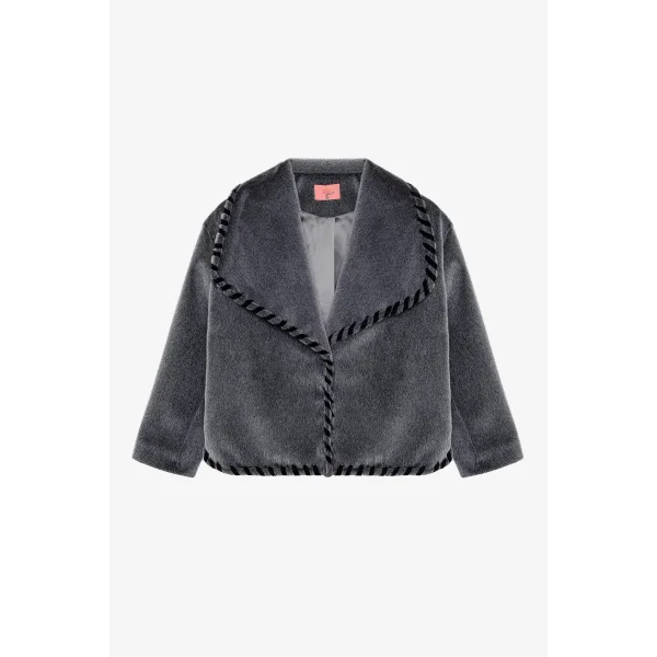 Nakış Detaylı Kürk Ceket Etek Takım-Gri