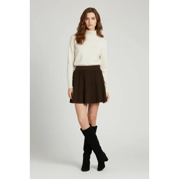 Pile Detaylı Beli Lastikli Mini Şort Etek Kahverengi