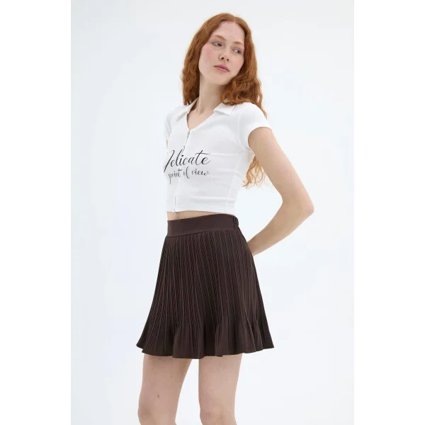 Pile Detaylı Beli Lastikli Mini Şort Etek Kahverengi