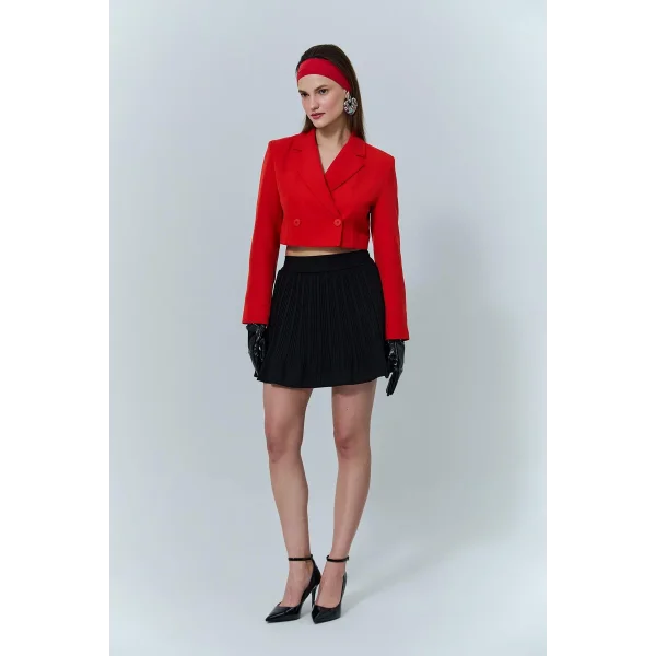 Pile Detaylı Beli Lastikli Mini Şort Etek Siyah