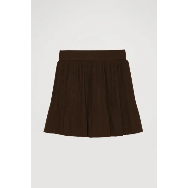 Pile Detaylı Beli Lastikli Mini Şort Etek Kahverengi