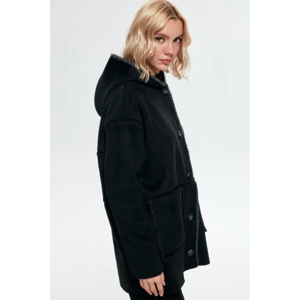 PREMİUM İÇİ KÜRKLÜ KAPÜŞONLU SİYAH KABAN