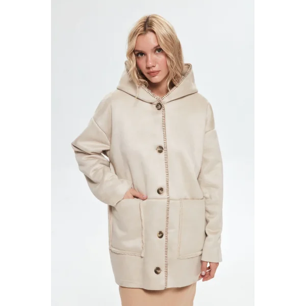 PREMİUM İÇİ KÜRKLÜ KAPÜŞONLU TAŞ RENK KABAN