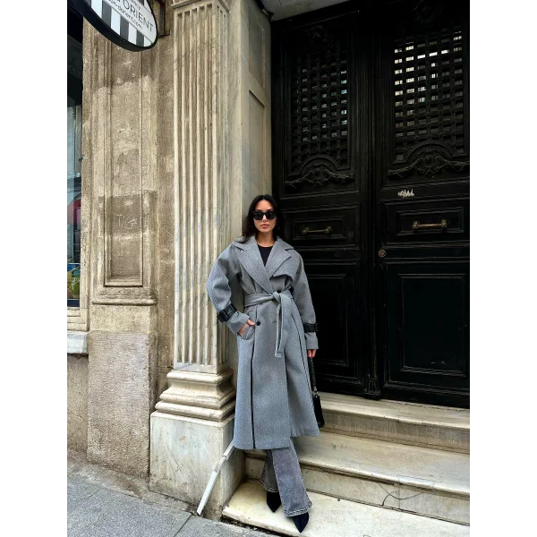 Premium Seri Deri Kol Kemerli Yün Kaban-Gri