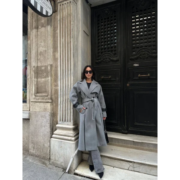 Premium Seri Deri Kol Kemerli Yün Kaban-Gri