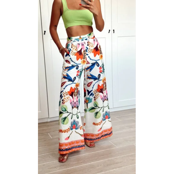 RenkLi Desenli Geniş Paça Pantolon Turuncu