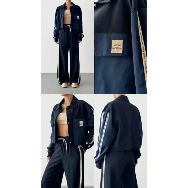 Şerit Yazı Detaylı Yüksek Bel Pantolon Lacivert