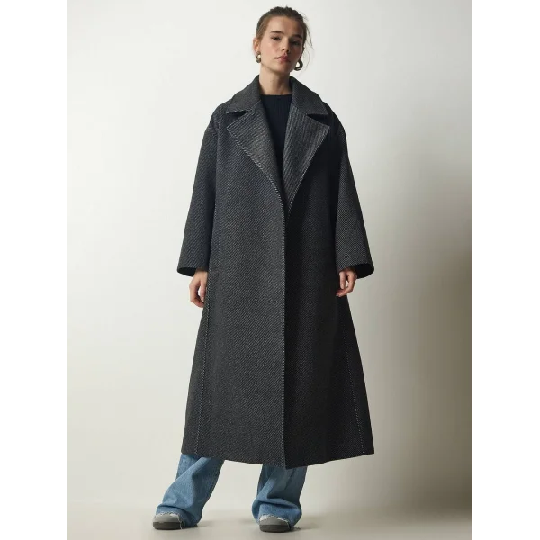 SİYAH BAGLAMALI OVERSİZE YÜN KABAN