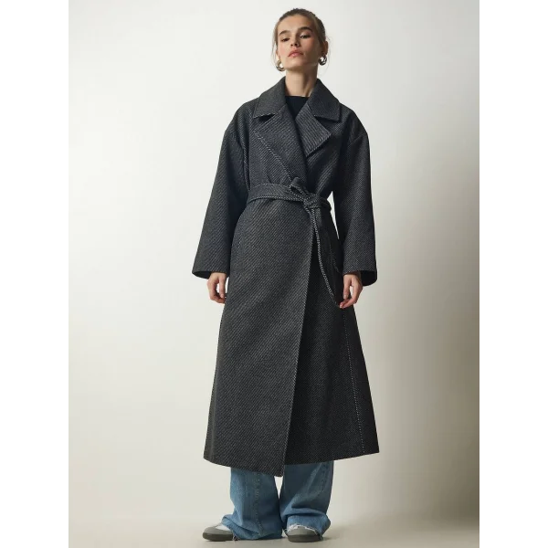 SİYAH BAGLAMALI OVERSİZE YÜN KABAN