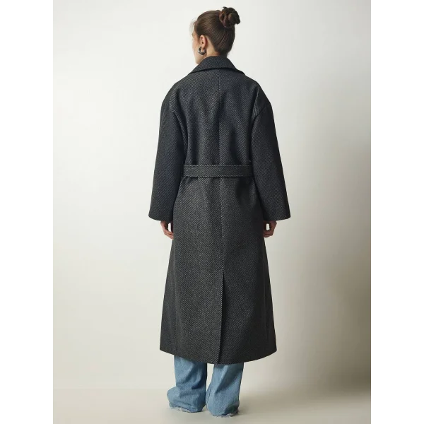 SİYAH BAGLAMALI OVERSİZE YÜN KABAN