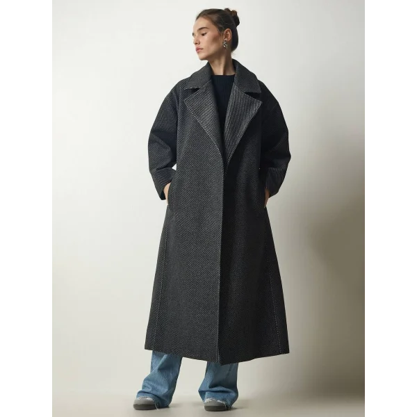 SİYAH BAGLAMALI OVERSİZE YÜN KABAN