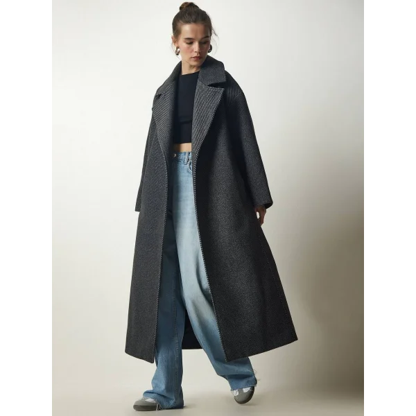 SİYAH BAGLAMALI OVERSİZE YÜN KABAN