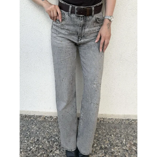Taşlı Gri Pantolon Model: Wide leg & yüksek bel