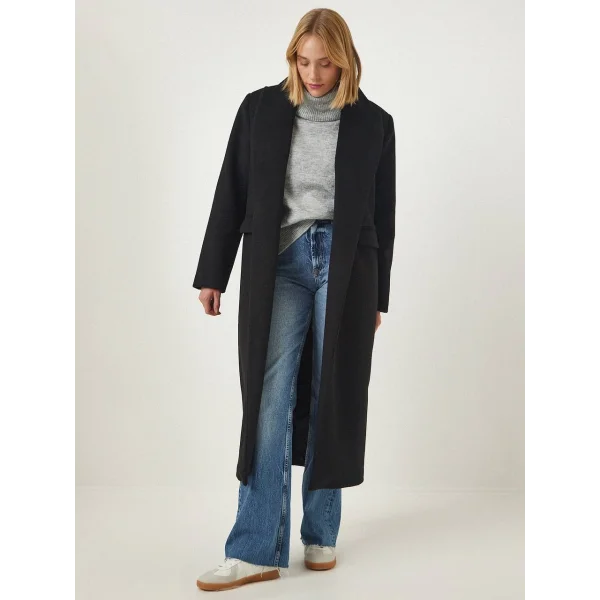 TOKYO YAKALI UZUN YÜN KABAN SİYAH