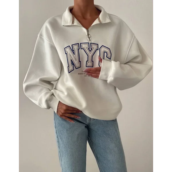 NYC Baskılı Fermuarlı Beyaz Sweatshirt