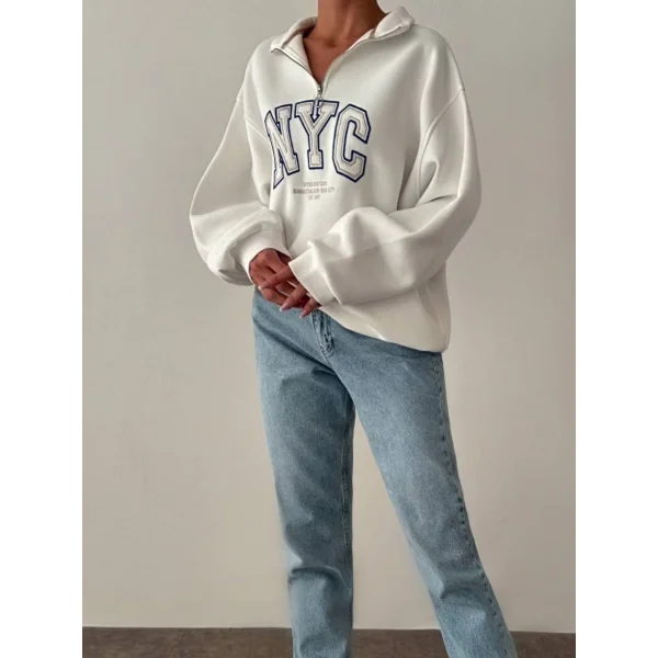NYC Baskılı Fermuarlı Beyaz Sweatshirt