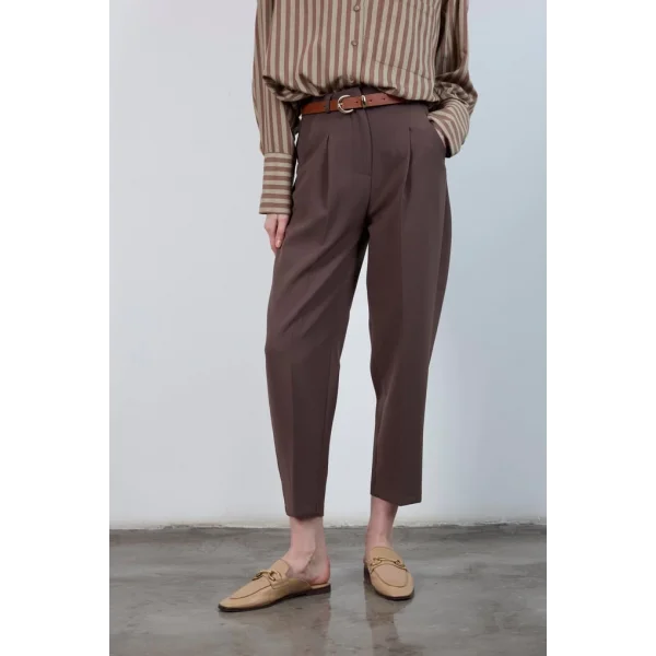 Yüksek Bel Kemerli Havuç Pantolon Kahverengi