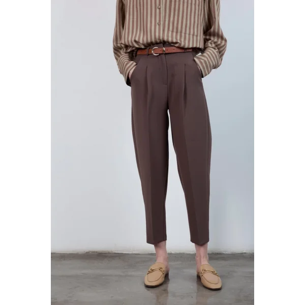 Yüksek Bel Kemerli Havuç Pantolon Kahverengi