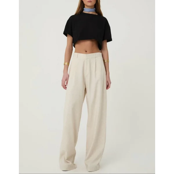 Yüksek Bel Palazzo Keten Pantolon Naturel