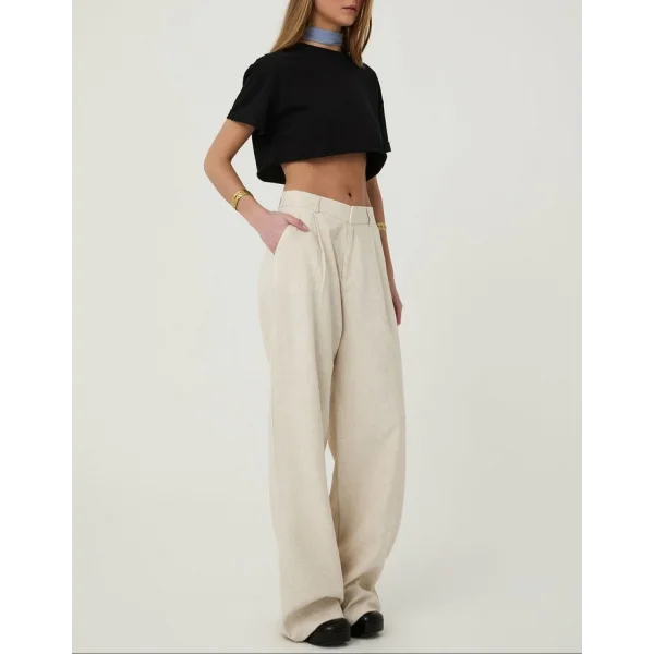 Yüksek Bel Palazzo Keten Pantolon Naturel