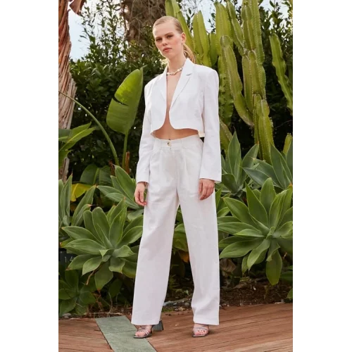 Premium Seri Beyaz Keten Crop Ceket Pantolon Takım
