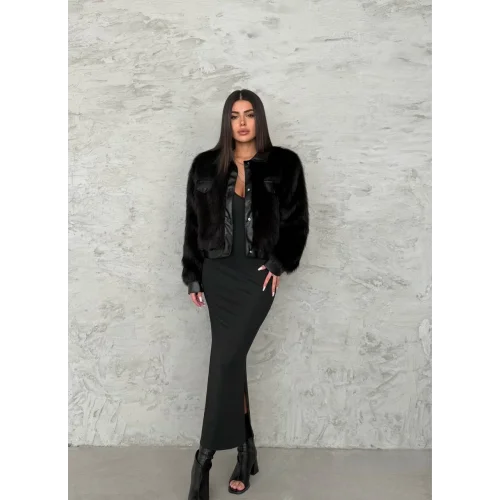 Deri Garnili Siyah Kürk Ceket