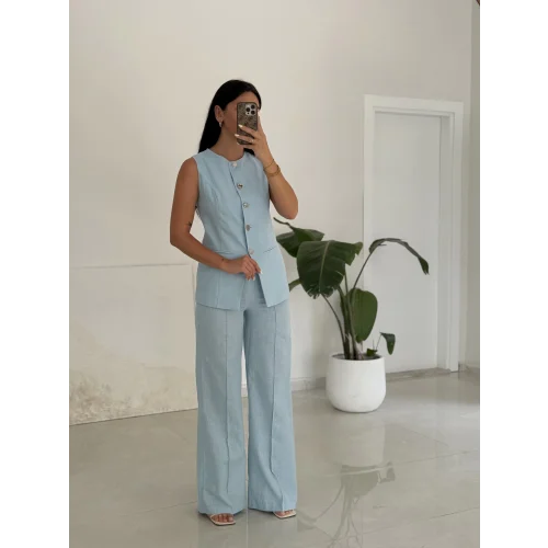 Karma Düğme Keten Yelek Pantolon Takım-Mavi