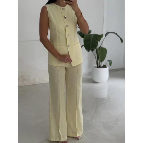 Karma Düğme Keten Yelek Pantolon Takım-Sarı