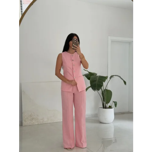 Karma Düğme Keten Yelek Pantolon Takım-Pembe