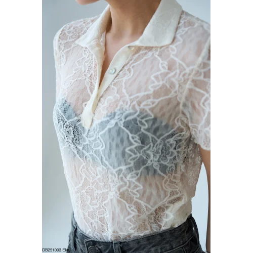 Patlı Dantel Detay Ekru Bluz