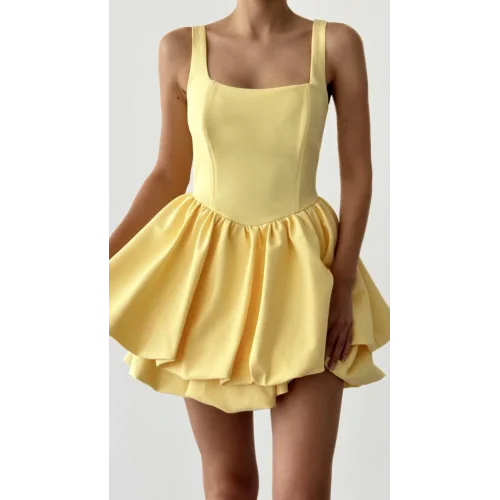 Balen Detaylı Volanlı Mini Sarı Elbise
