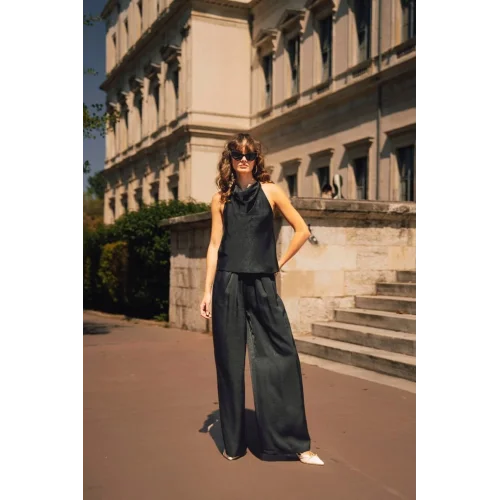 Saten Bluz Pantolon İkili Takım-Siyah