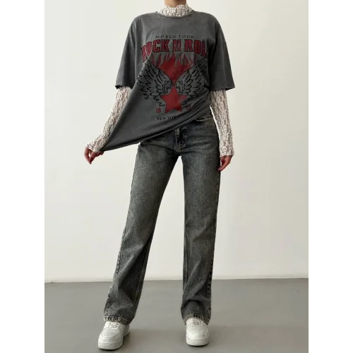 Dantel Garnili Yıkamalı Oversize Tişört Antrasit