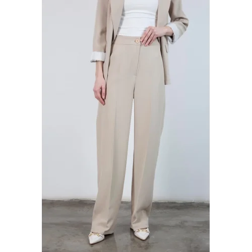 Pilesiz Palazzo Paça Taş Renk Kumaş Pantolon