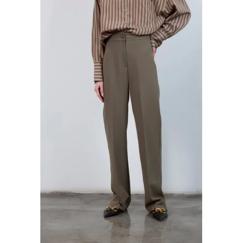 Pilesiz Palazzo Paça Haki Kumaş Pantolon